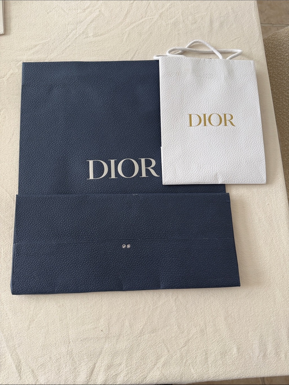 Dior Navy and White Gift Bags with Gold Logo Accents